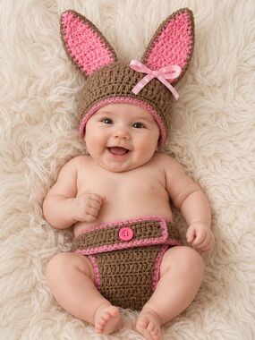 Handmade Crochet Bunny Diaper Cover & Ear Hat - Brown and Bright Pink